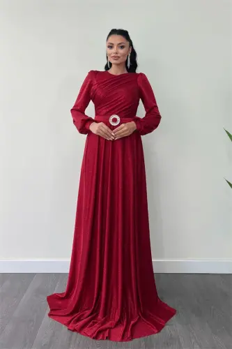Sequin Tulle Fabric Ruffled Detail Evening Dress - RED - 2