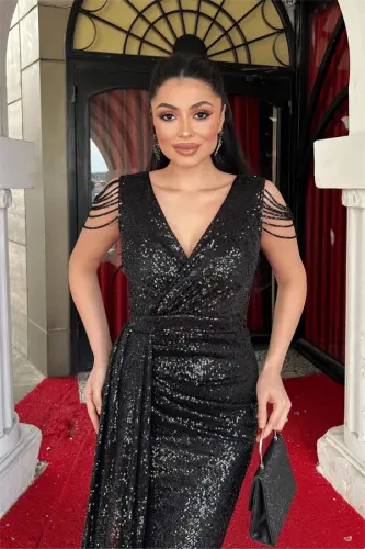 Sequin Tulle Fabric Shoulder Tassel Bead Fish Dress - BLACK - 3