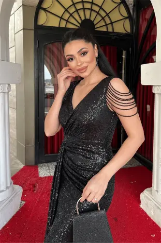 Sequin Tulle Fabric Shoulder Tassel Bead Fish Dress - BLACK - 4