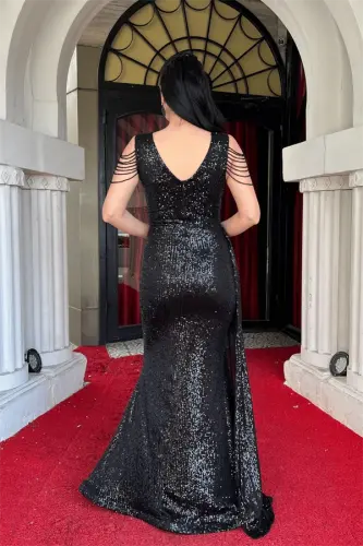 Sequin Tulle Fabric Shoulder Tassel Bead Fish Dress - BLACK - 5