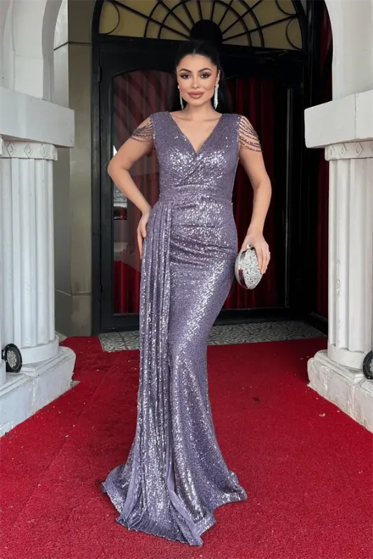 Sequin Tulle Fabric Shoulder Tassel Bead Fish Dress - LILAC - BÜYÜKBEDENIZ