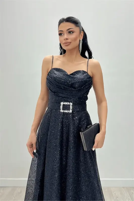 Sequin Tulle Fabric Strappy Midi Dress - BLACK - BÜYÜKBEDENIZ