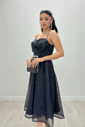 Sequin Tulle Fabric Strappy Midi Dress - BLACK - BÜYÜKBEDENIZ (1)