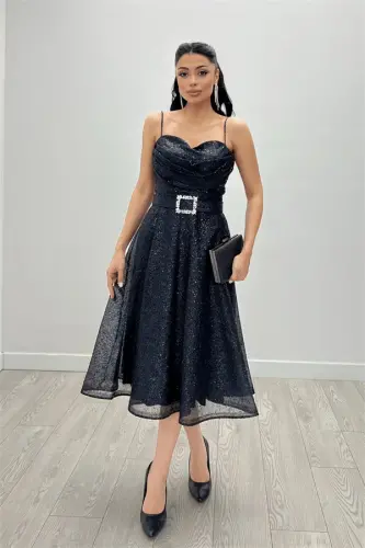 Sequin Tulle Fabric Strappy Midi Dress - BLACK - 3