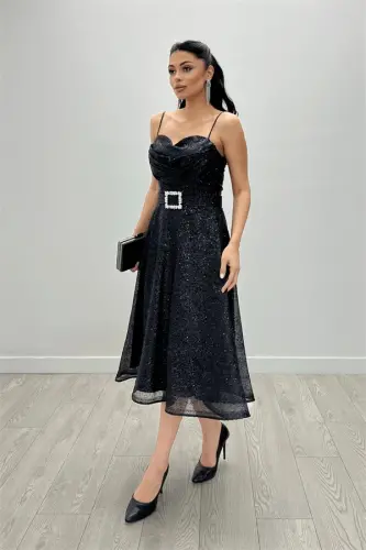 Sequin Tulle Fabric Strappy Midi Dress - BLACK - 4