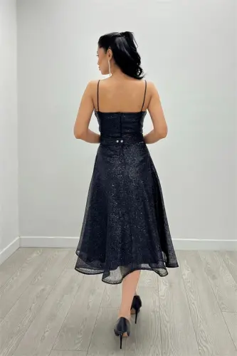 Sequin Tulle Fabric Strappy Midi Dress - BLACK - 5