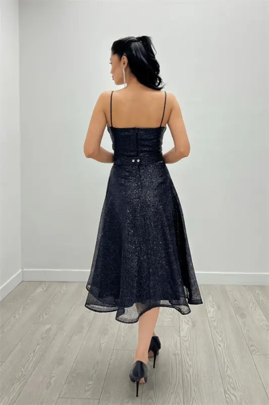 Sequin Tulle Fabric Strappy Midi Dress - BLACK - 5