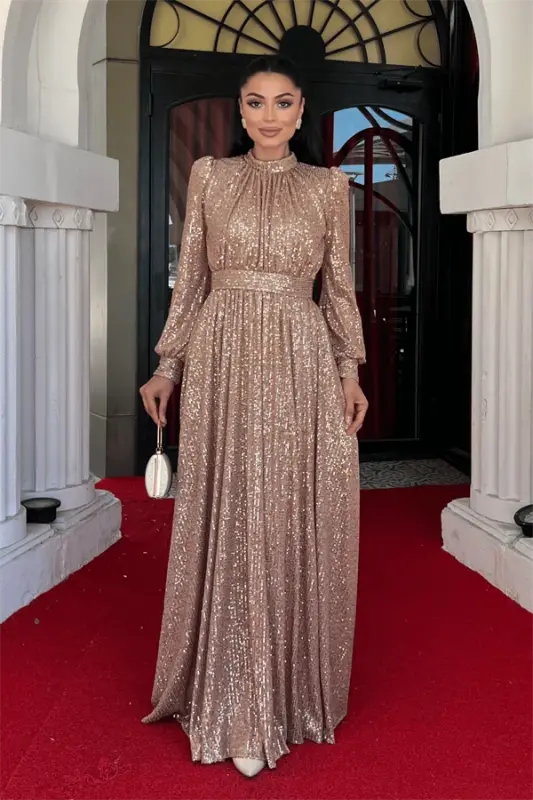 Sequin Tulle Sequin Fabric Gathered Detail Flared Dress - BRONZE - 1