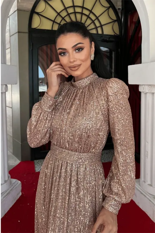 Sequin Tulle Sequin Fabric Gathered Detail Flared Dress - BRONZE - 3