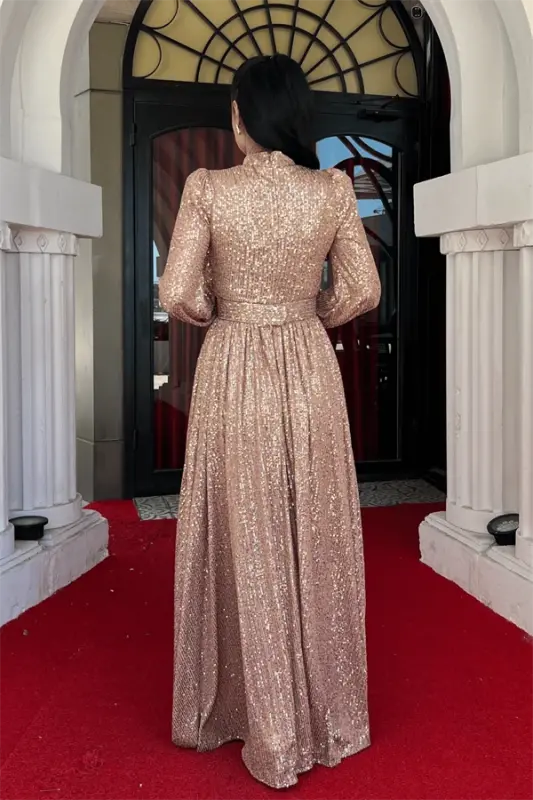 Sequin Tulle Sequin Fabric Gathered Detail Flared Dress - BRONZE - 5