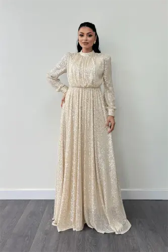 Sequin Tulle Sequin Fabric Gathered Detailed Flared Dress - GOLD - 1