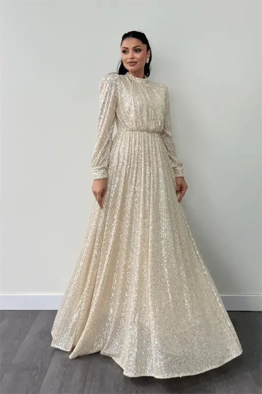 Sequin Tulle Sequin Fabric Gathered Detailed Flared Dress - GOLD - 2