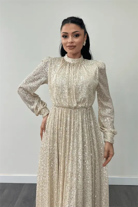 Sequin Tulle Sequin Fabric Gathered Detailed Flared Dress - GOLD - 3