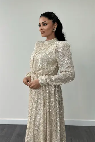 Sequin Tulle Sequin Fabric Gathered Detailed Flared Dress - GOLD - 4