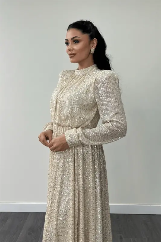 Sequin Tulle Sequin Fabric Gathered Detailed Flared Dress - GOLD - 4