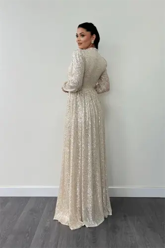 Sequin Tulle Sequin Fabric Gathered Detailed Flared Dress - GOLD - 5