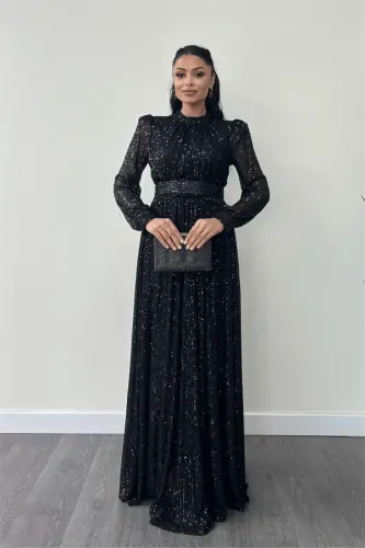 Sequin Tulle Sequin Fabric Ruche Detailed Flared Dress - BLACK - 1