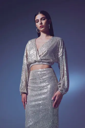 Sequin Wrap Blouse - BEIGE-BEIGE 