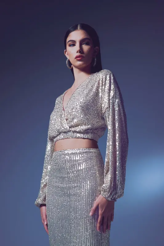 Sequin Wrap Blouse - BEIGE-BEIGE - 3