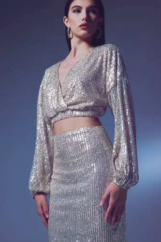 Sequin Wrap Blouse - BEIGE-BEIGE - 5