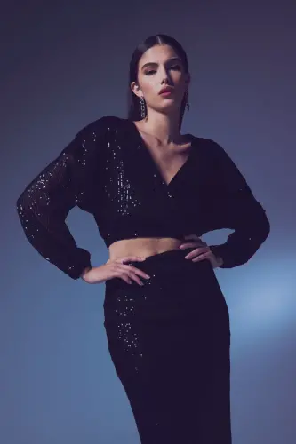 Sequin Wrap Blouse - BLACK-BLACK 