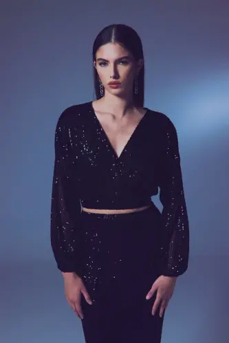 Sequin Wrap Blouse - BLACK-BLACK - 2