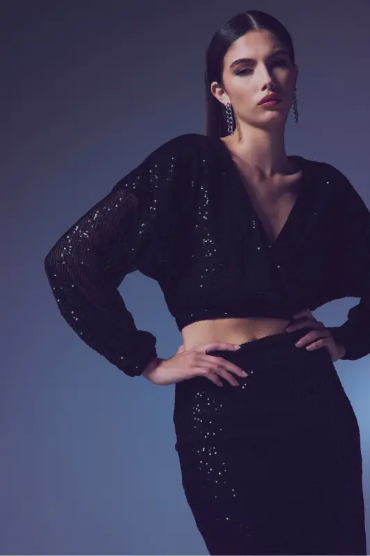 Sequin Wrap Blouse - BLACK-BLACK - 3