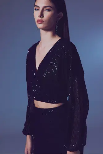 Sequin Wrap Blouse - BLACK-BLACK - 4