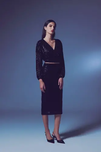 Sequin Wrap Blouse - BLACK-BLACK - 6