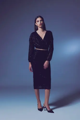 Sequin Wrap Blouse - BLACK-BLACK - 7