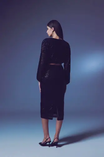 Sequin Wrap Blouse - BLACK-BLACK - 8