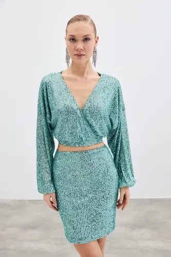 Sequin Wrap Blouse - Mint-MINT 