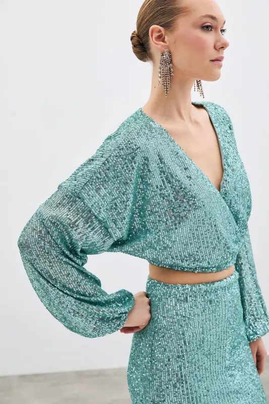 Sequin Wrap Blouse - Mint-MINT - 2