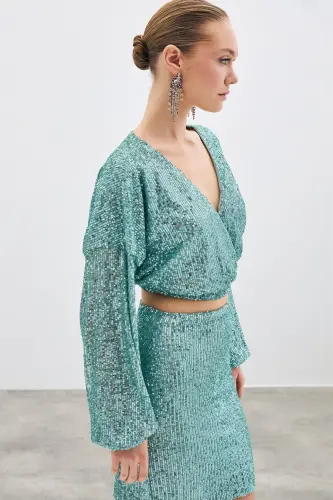 Sequin Wrap Blouse - Mint-MINT - 3