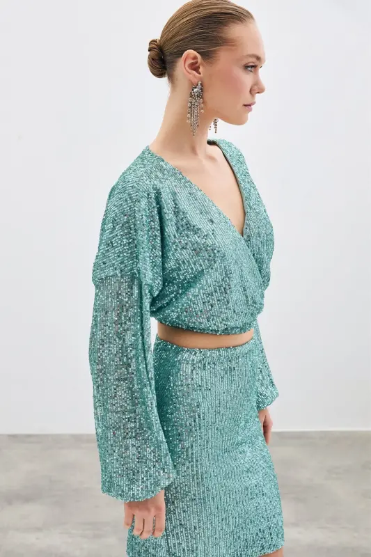 Sequin Wrap Blouse - Mint-MINT - 3