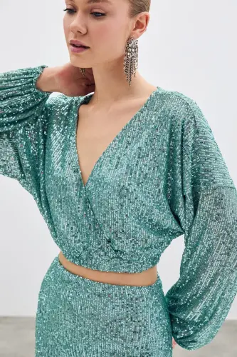 Sequin Wrap Blouse - Mint-MINT - 5