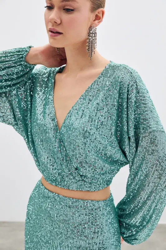 Sequin Wrap Blouse - Mint-MINT - 5
