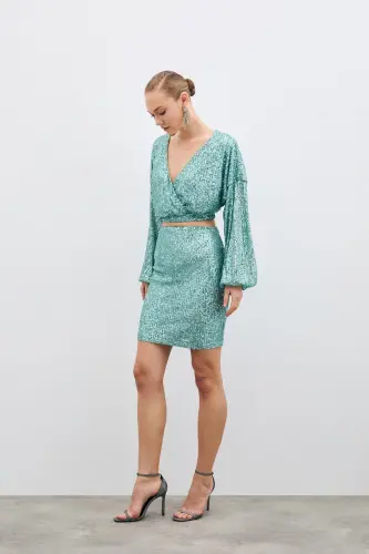 Sequin Wrap Blouse - Mint-MINT - 7