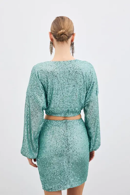 Sequin Wrap Blouse - Mint-MINT - 8