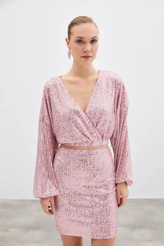 Sequin Wrap Blouse - Powder-POWDER - 1