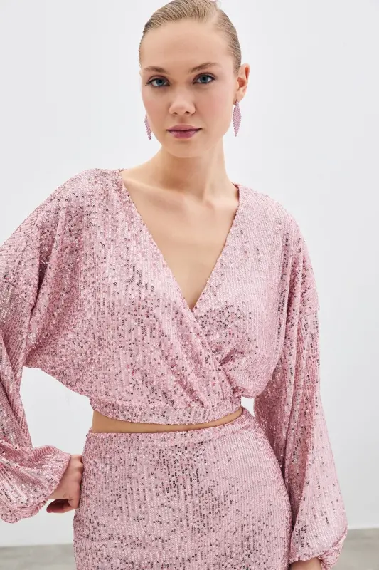 Sequin Wrap Blouse - Powder-POWDER - 3