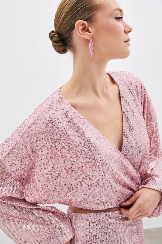 Sequin Wrap Blouse - Powder-POWDER - 4