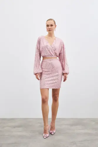 Sequin Wrap Blouse - Powder-POWDER - 5