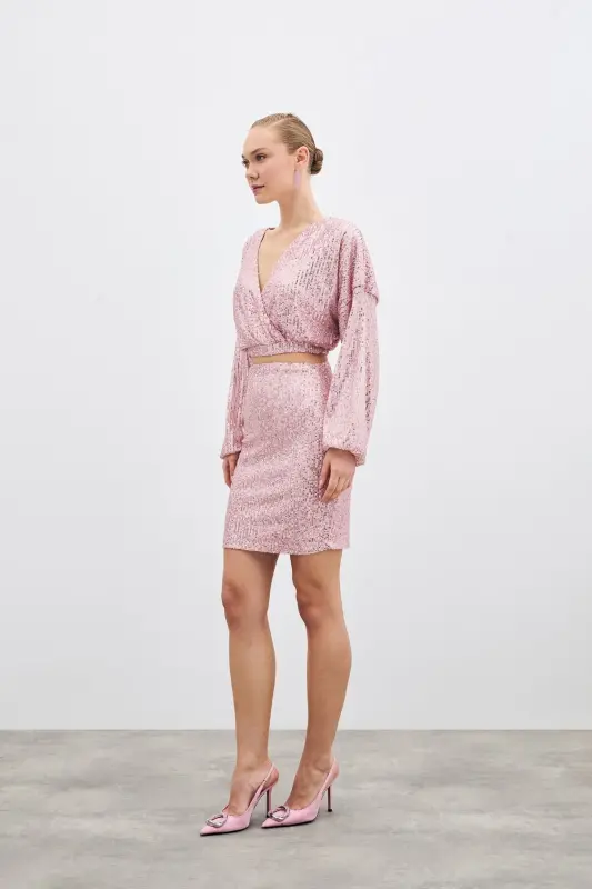 Sequin Wrap Blouse - Powder-POWDER - 6