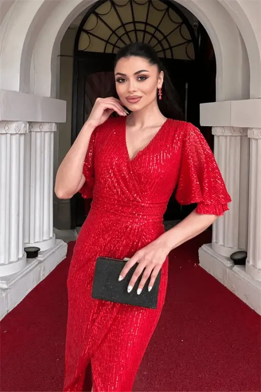 Sequin Wrap Design Pencil Dress - RED - 3