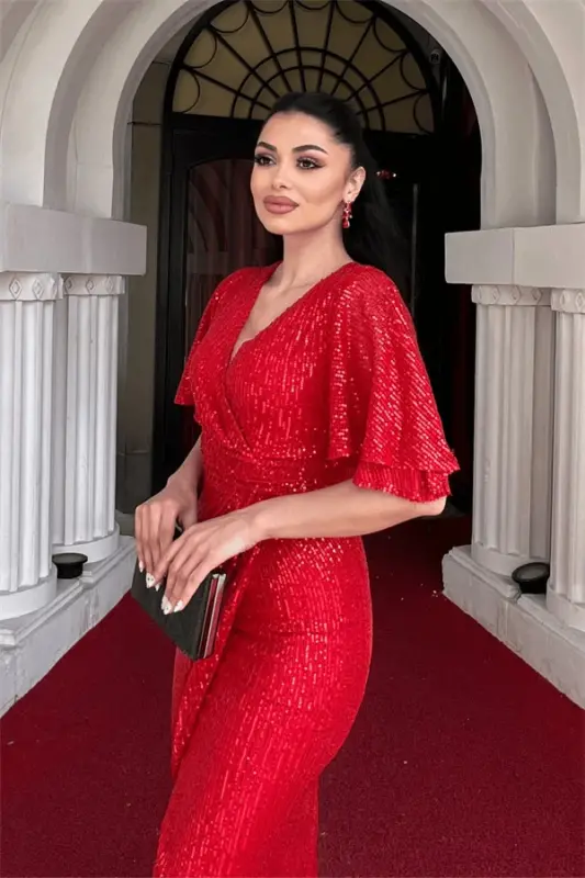 Sequin Wrap Design Pencil Dress - RED - 4
