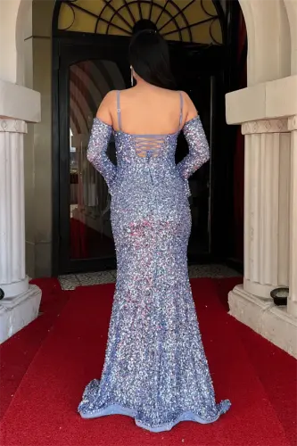 Sequined Boned Evening Dress - INDIGO BLUE - 1