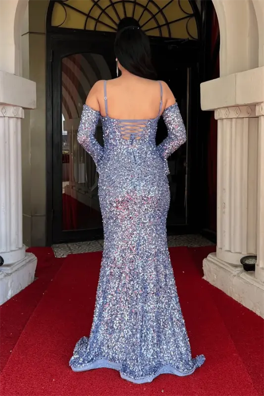 Sequined Boned Evening Dress - INDIGO BLUE - 1