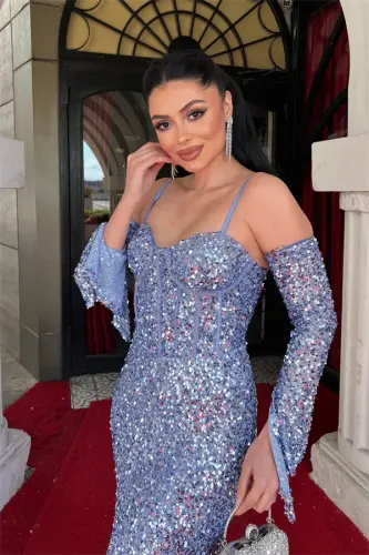 Sequined Boned Evening Dress - INDIGO BLUE - 3