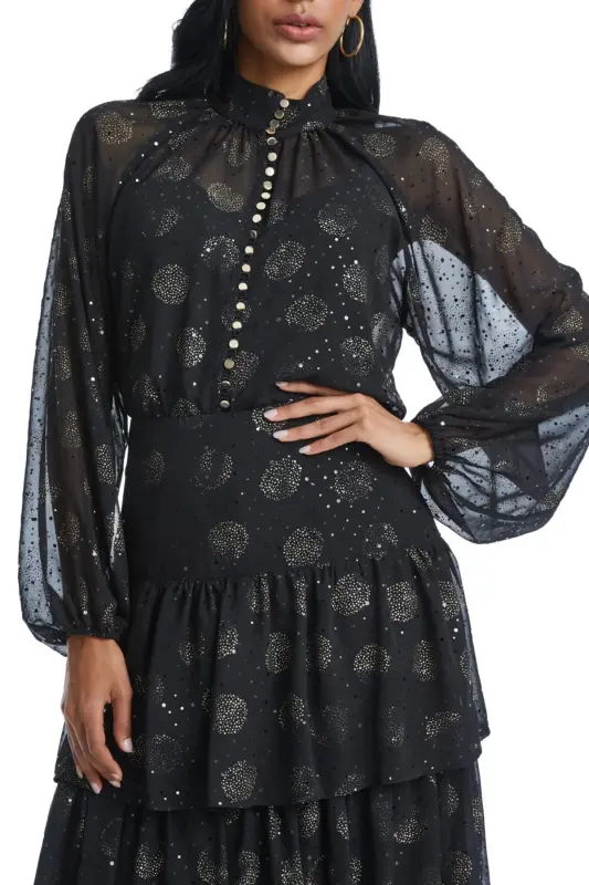 Sequined Circle Print Chiffon Long Sleeve Layered Skirt Black Suit 38945 - 2